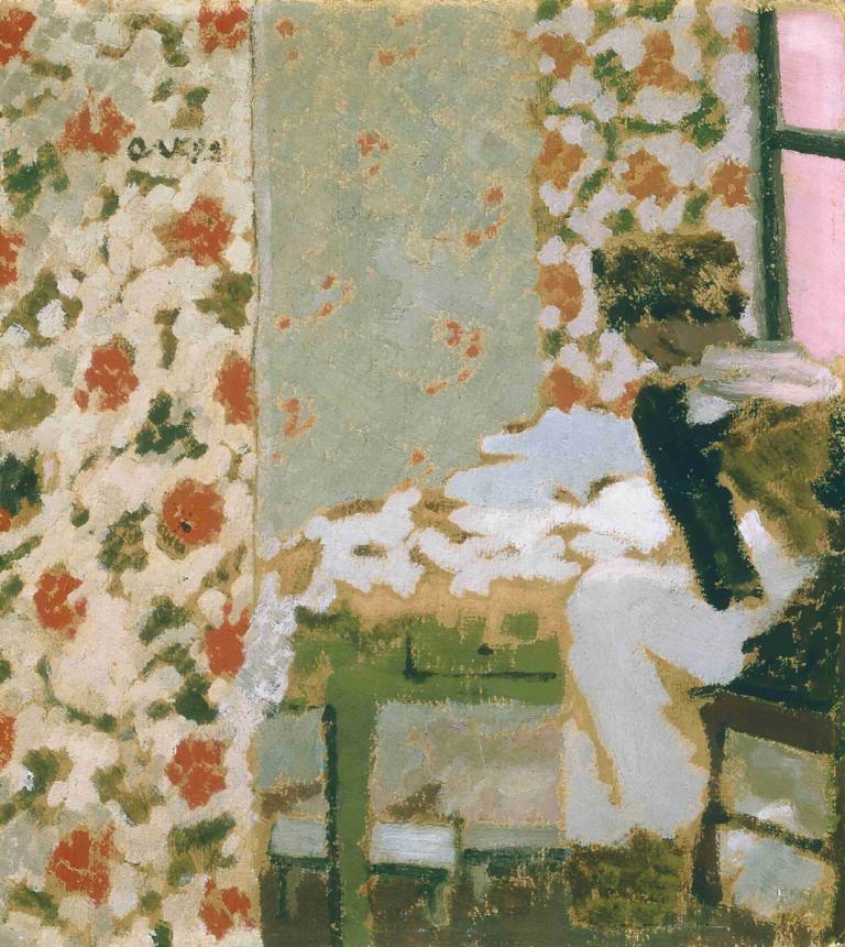 The Seamstress,Syerinden,Edouard Vuillard,Tempera,Tempera, bord, indendørs, solo, vindue, 1 pige, blomst