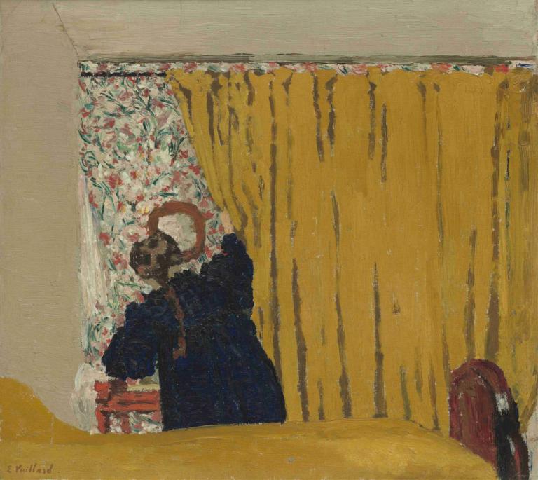 The Yellow Curtain,Det Gule Gardin,Edouard Vuillard,Tempera,Tempera, gardiner, fletning, 1 pige, indendørs