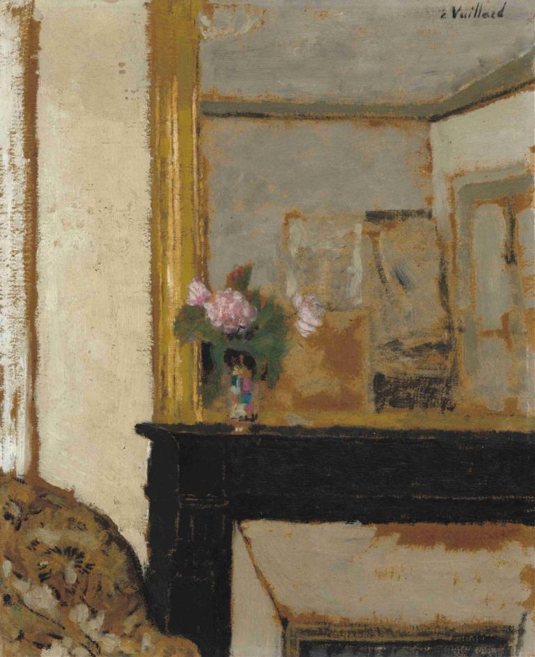 Vase of Flowers on a Mantelpiece,Vas med blommor på en mantelpiece,Edouard Vuillard,Oljemålning,Oljemålning