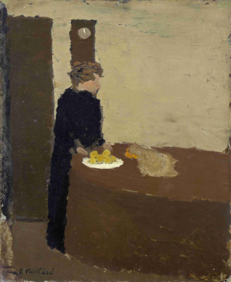 Woman in Black,Kvinna i svart,Edouard Vuillard,Oljemålning,Oljemålning, solo, 1 pojke, manligt fokus, mat