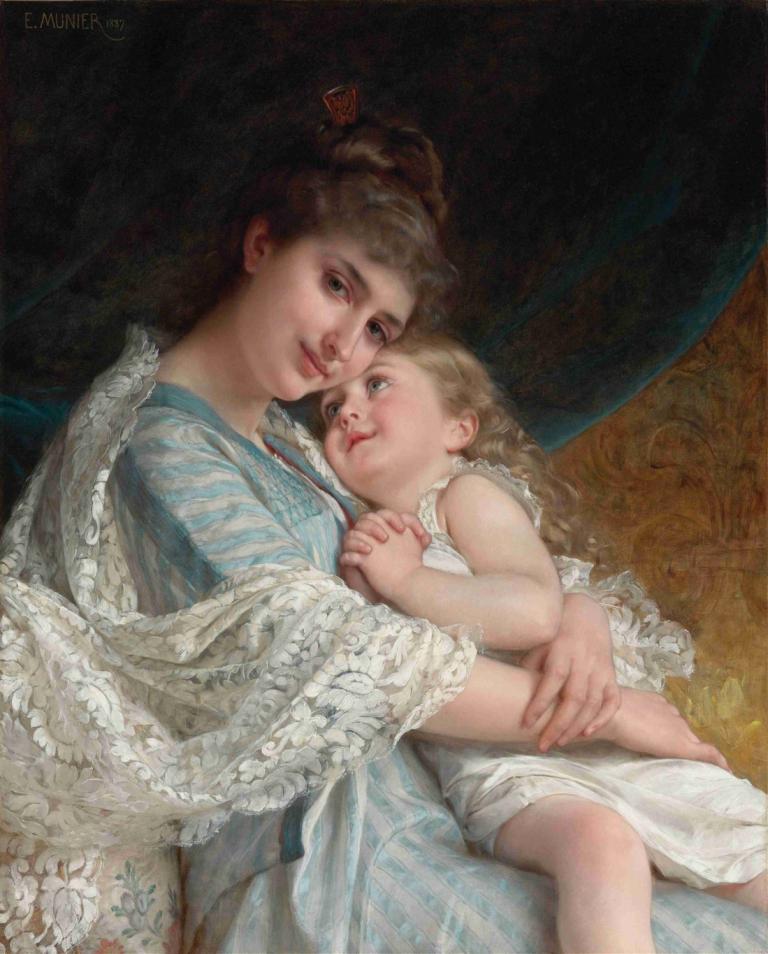 A Tender Embrace,Een tedere omhelzing,Emile Munier,Olieverf,Olieverf, parodie op beeldende kunst, 2 meisjes