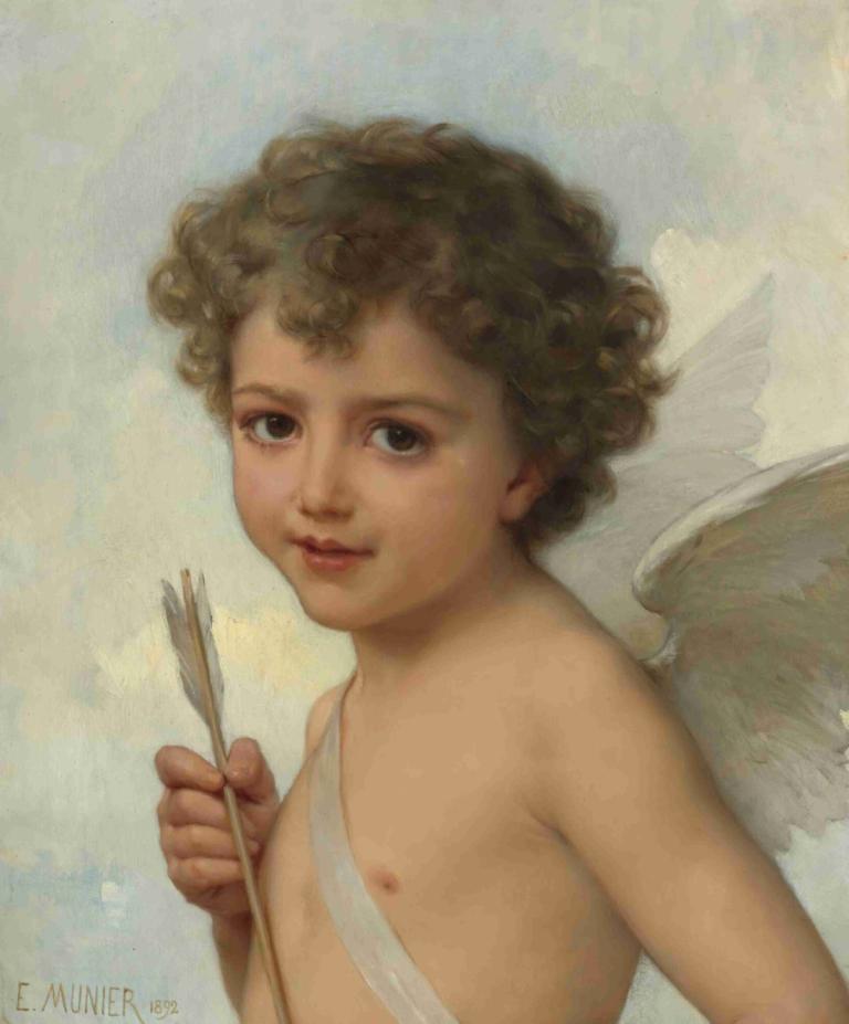 Amour,Emile Munier,Oil Painting,Oil Painting, solo, wings, nipples, 1girl, flat chest, arrow (projectile)