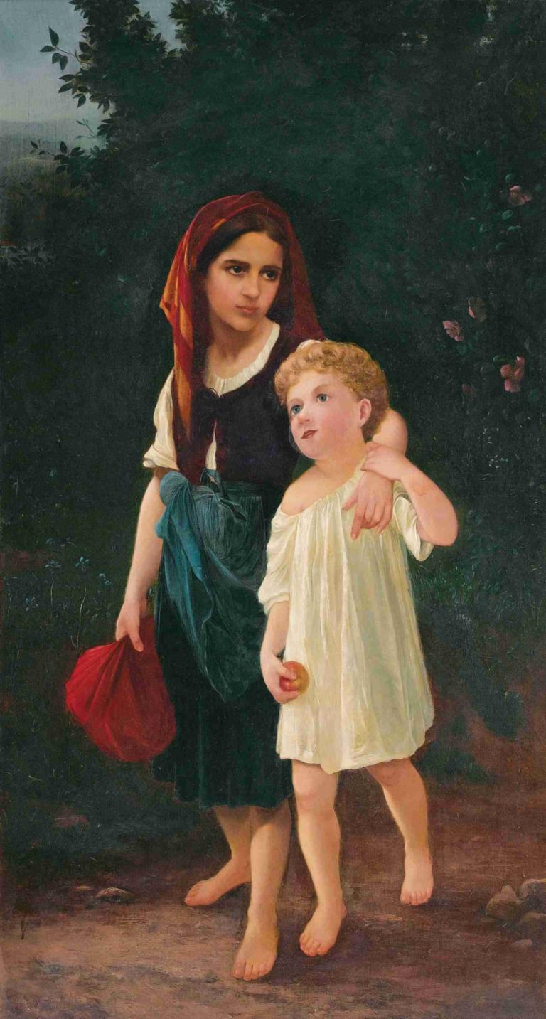 Apple Pickers,Emile Munier,Oil Painting,Oil Painting, barefoot, blonde hair, 2girls, fruit, multiple girls