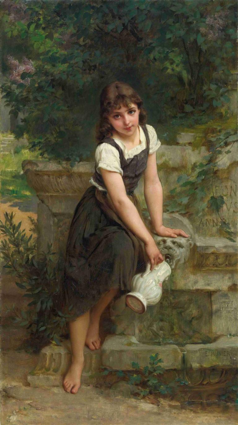 At The Fountain,Emile Munier,Oil Painting,Oil Painting, 1girl, barefoot, solo, brown hair, stairs, dress