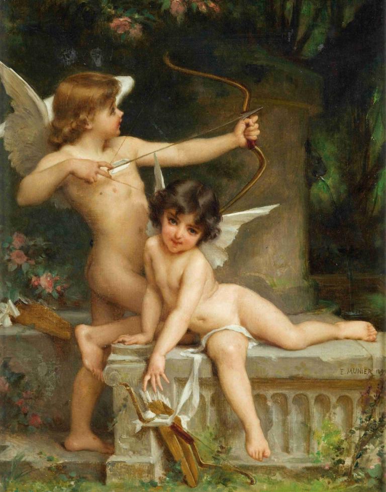 Deux Amours,Emile Munier,Oil Painting,Oil Painting, fine art parody, weapon, bow (weapon), nude, wings