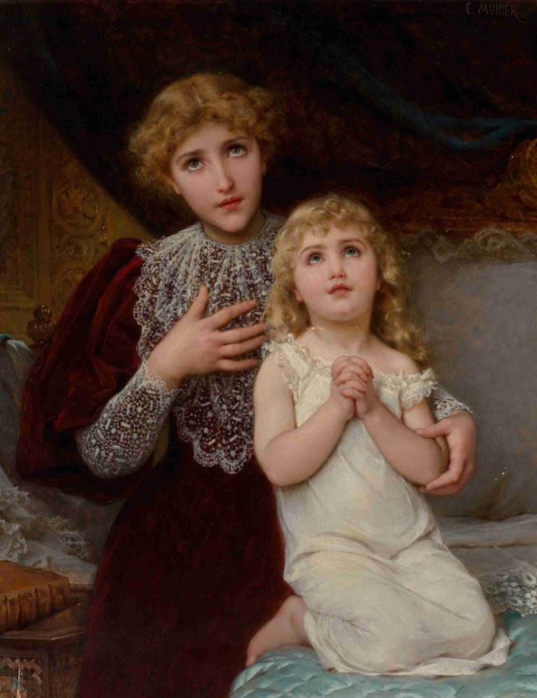 Evening prayer,Abendgebet,Emile Munier,Ölgemälde,Ölgemälde, Kunstparodie, mehrere Mädchen, 2 Mädchen