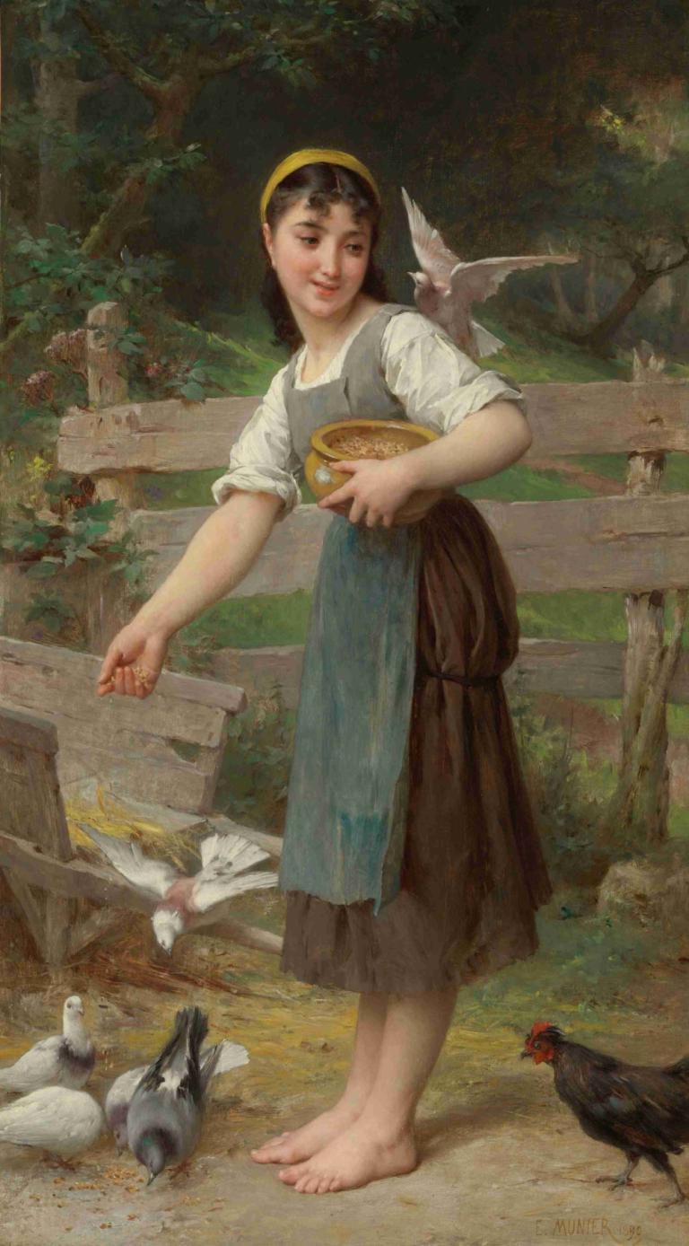 Feeding The Doves,Emile Munier,Oil Painting,Oil Painting, 1girl, barefoot, bird, fence, wooden fence, apron