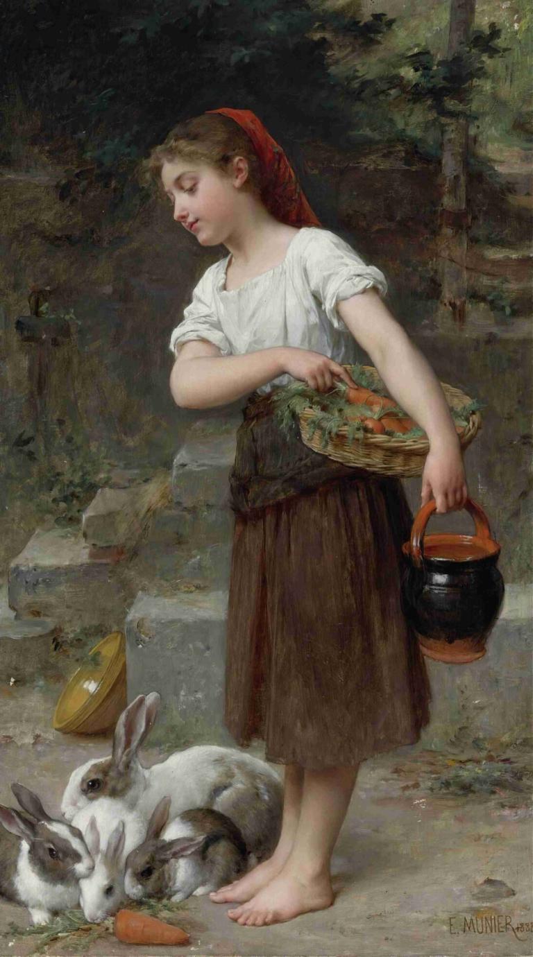 Feeding The Rabbits,Emile Munier,Oil Painting,Oil Painting, 1girl, barefoot, carrot, brown skirt, skirt