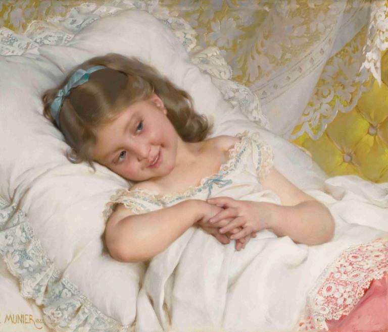 Girl resting,Rustend meisje,Emile Munier,Olieverf,Olieverf, 1meisje, solo, realistisch, kussen, bruin haar