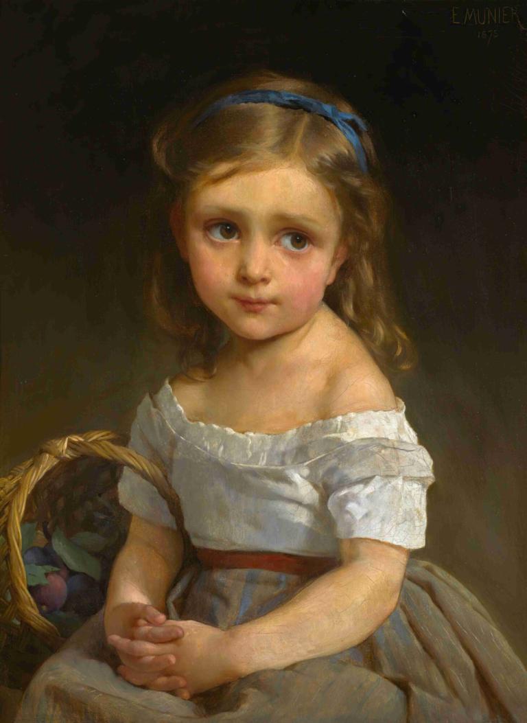 Girl with basket of plums,Emile Munier,Oil Painting,Oil Painting, 1girl, fine art parody, dress, solo