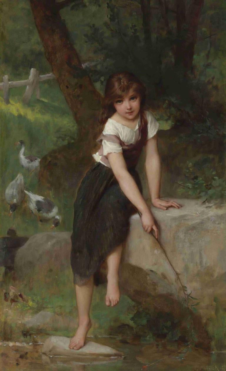 Goose Girl,Emile Munier,Obraz olejny,Obraz olejny, 1 dziewczyna, boso, ptak, brązowe włosy, solo, drzewo