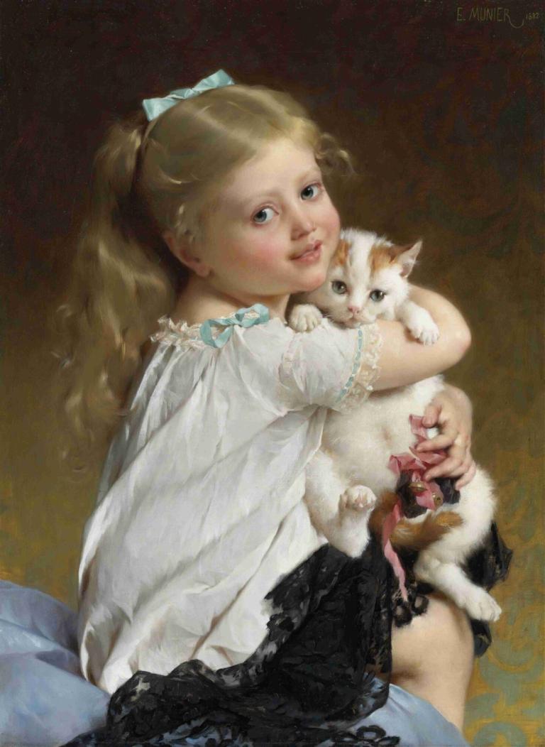 Her Best Friend,Emile Munier,Oil Painting,Oil Painting, 1girl, cat, holding animal, realistic, blonde hair