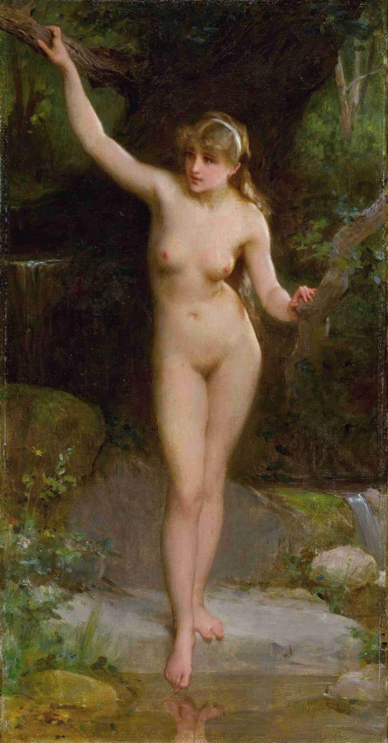 La Baigneuse,Die Badende,Emile Munier,Ölgemälde,Ölgemälde, 1Mädchen, Kunstparodie, nackt, Brüste, Brustwarzen