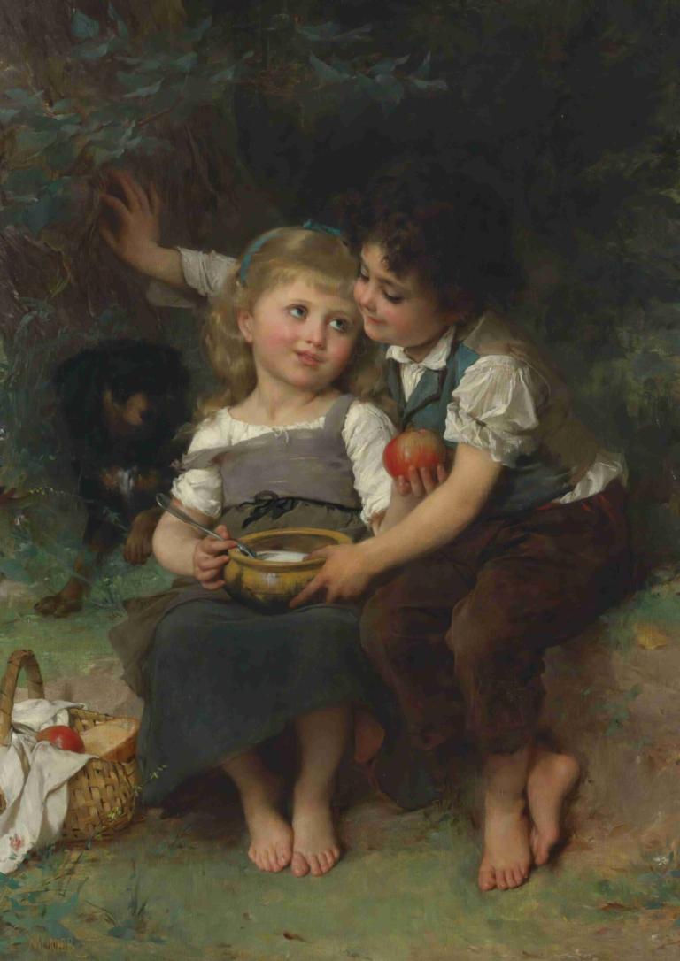 La Jatte De Lait,Emile Munier,Ölgemälde,Ölgemälde, barfuß, Kunstparodie, Apfel, Obst, Korb, blondes Haar