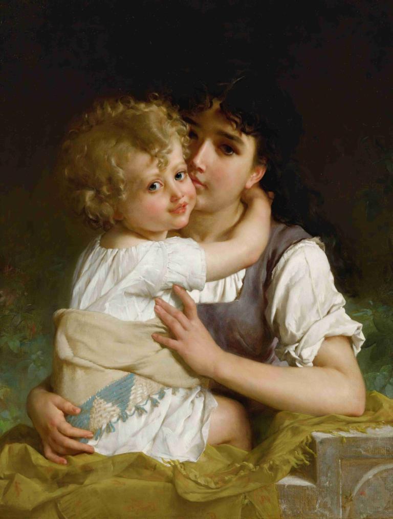 Maternal Affection,Μητρική στοργή,Emile Munier,Ελαιογραφία,Ελαιογραφία, 2 κορίτσια, ξανθά μαλλιά