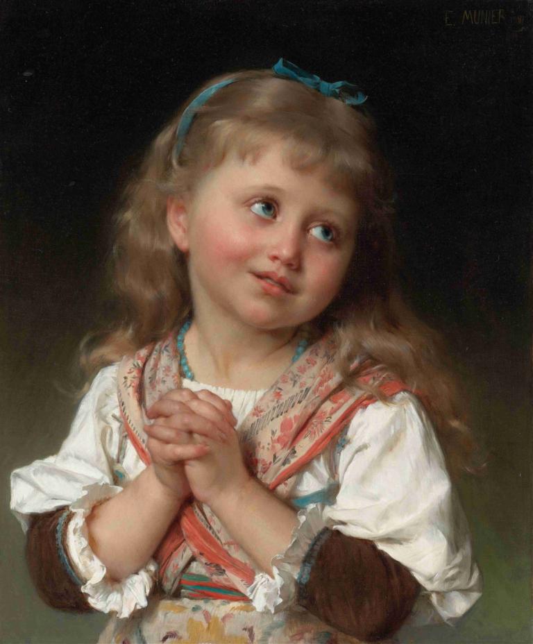 May I,Darf ich?,Emile Munier,Ölgemälde,Ölgemälde, 1Mädchen, Solo, eigene Hände zusammen, realistisch