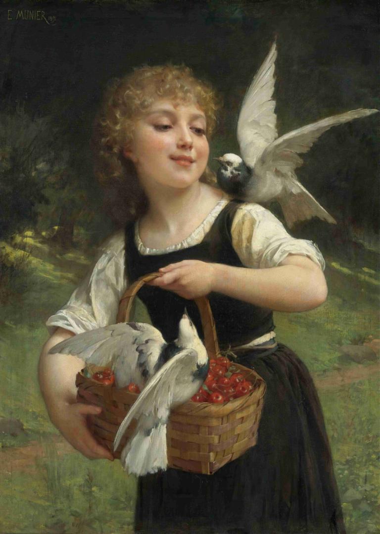 Messenger Of Love,Emile Munier,Oil Painting,Oil Painting, 1girl, basket, fruit, bird, blonde hair, food