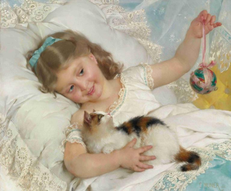 Petite fille & chat,Kleines Mädchen & Katze,Emile Munier,Ölgemälde,Ölgemälde, 1Mädchen, realistisch, Kissen