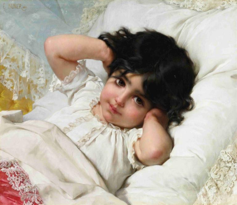 Portrait Of Marie-Louise,Emile Munier,Oil Painting,Oil Painting, solo, black hair, 1girl, realistic, lying