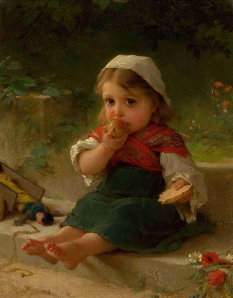 Portrait of a Child,Emile Munier,Oil Painting,Oil Painting, 1girl, barefoot, food, eating, sitting, child