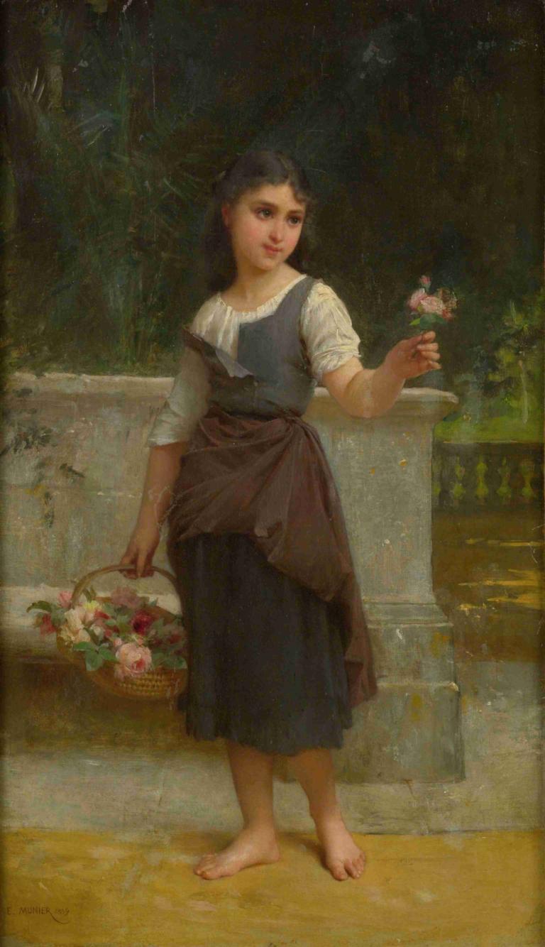 The Flower Girl,Het bloemenmeisje,Emile Munier,Olieverf,Olieverf, 1meisje, solo, op blote voeten, bloem