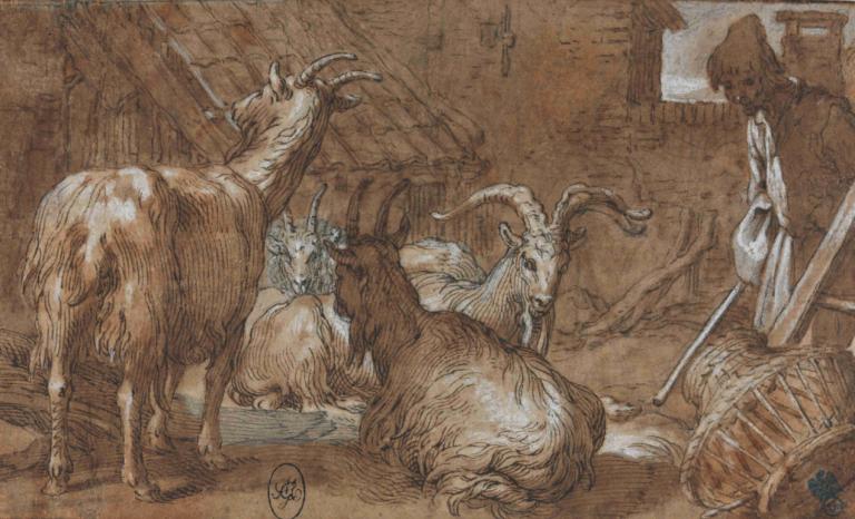 A Barnyard with Goats and a Goatherd,Abraham Bloemaert,Color Sketch,Color Sketch, weapon, horns, signature