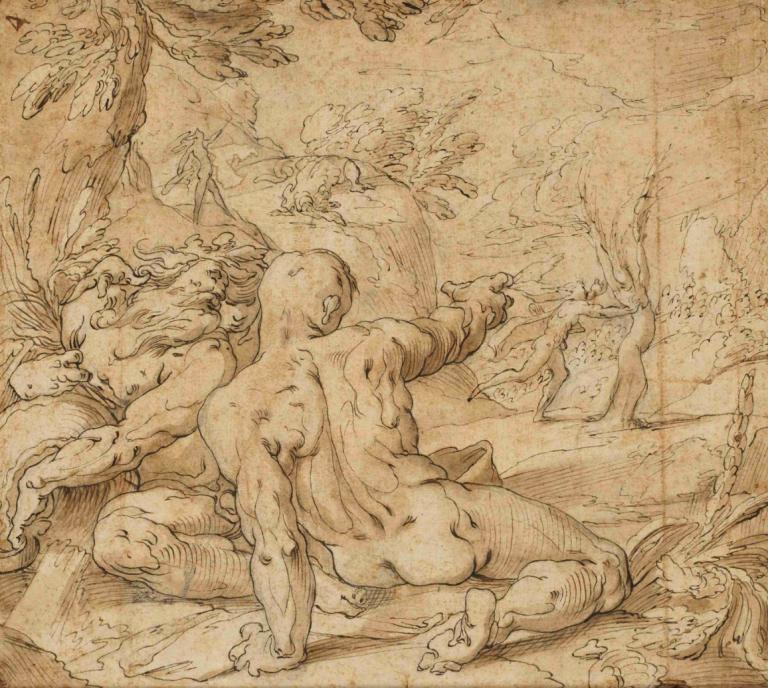 Apollon poursuivant Daphné,阿波罗追求达芙妮,Abraham Bloemaert,亚伯拉罕-布勒马特,彩色素描,彩色素描, 单色, 多个男孩, 树, 屁股, 裸体, 2个男孩, 男性焦点