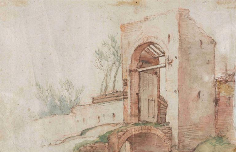 Bridge and Gate (verso),Abraham Bloemaert,Color Sketch,Color Sketch, no humans, tree, scenery