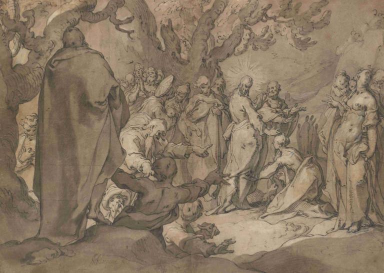 Christ and the Canaanite Women,Kristus in kanaanske ženske,Abraham Bloemaert,Barvna skica,Barvna skica, drevo