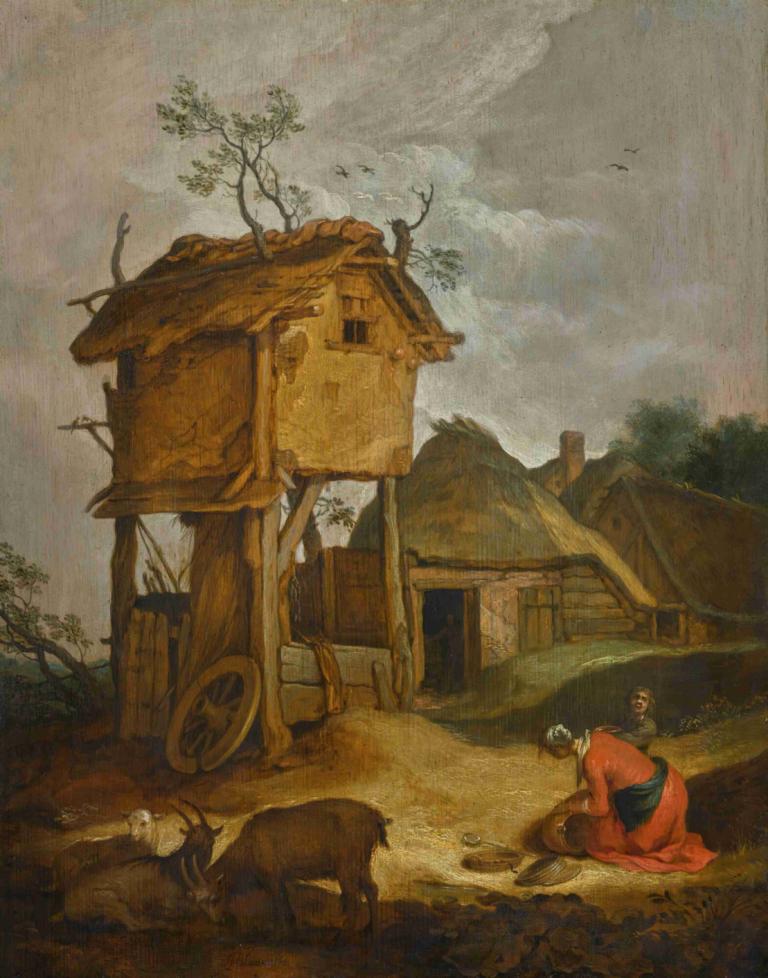 Farmyard with dovecote,Abraham Bloemaert,Oil Painting,Oil Painting, tree, outdoors, japanese clothes, cloud