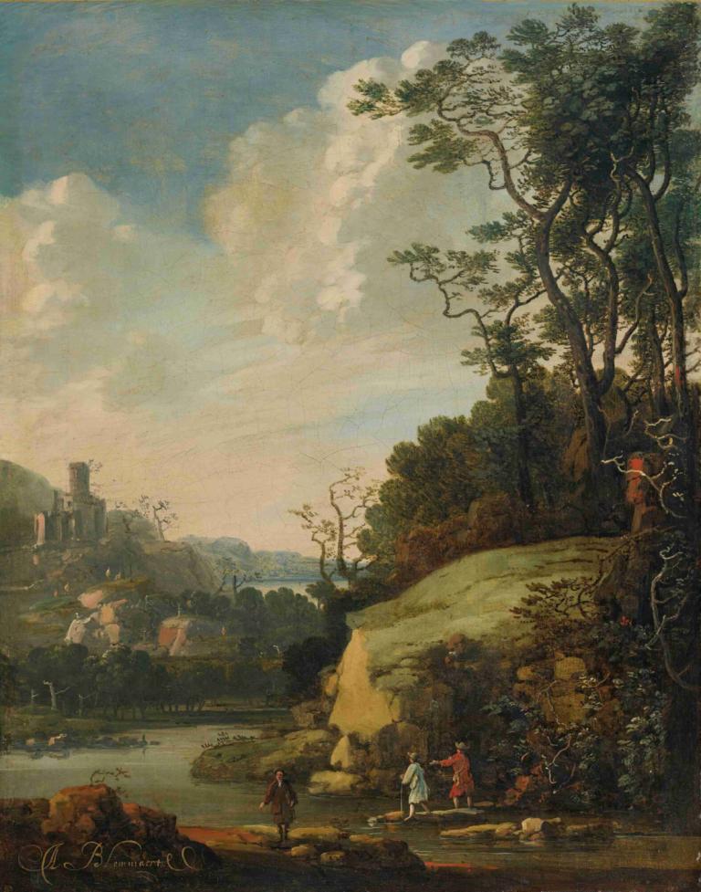 Hilly Landscape With Figures By A River,Kulligt landskap med figurer vid en flod,Abraham Bloemaert