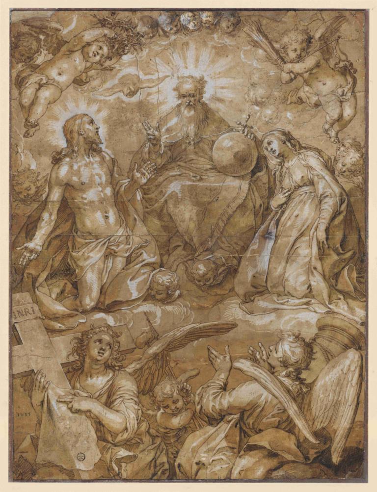 Intercession of Christ and Mary before God the Father,基督和馬利亞在父神面前的代禱,Abraham Bloemaert,亞伯拉罕·布洛梅爾特,彩色素描,彩色素描