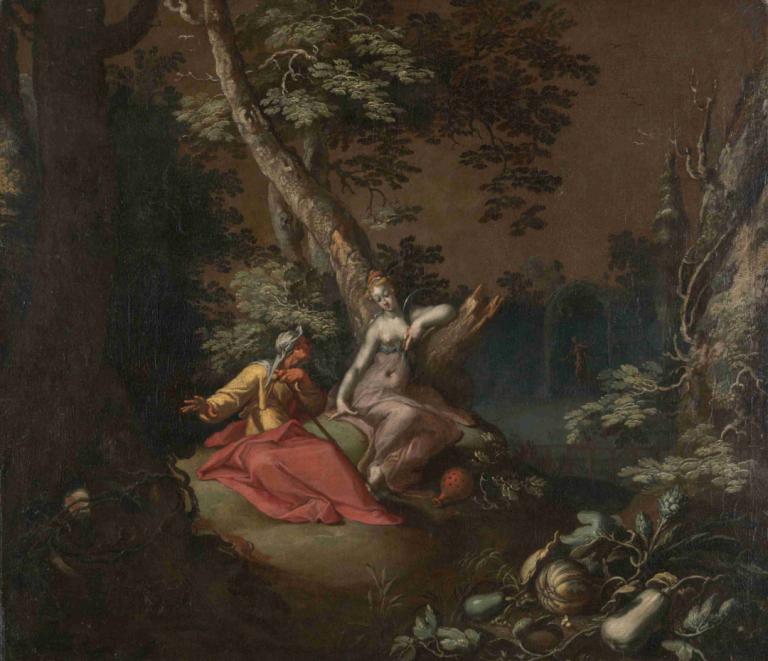 Landscape With Vertumnus And pomona,Landskap med Vertumnus och pomona,Abraham Bloemaert,Oljemålning