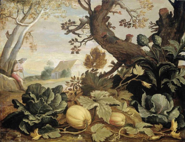 Landscape with Fruits and Vegetables in the foreground,Landskap med frukt och grönsaker i förgrunden