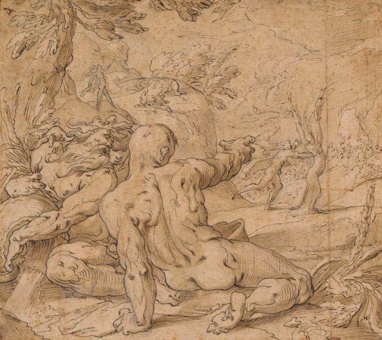 River Gods Watching Apollo Pursuing Daphne,Abraham Bloemaert,Color Sketch,Color Sketch, monochrome, bald