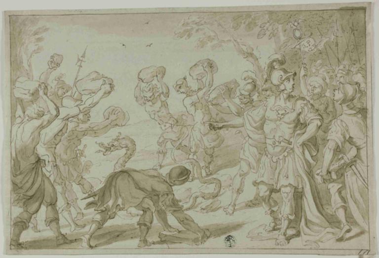 Roman Soldiers Stoning a Serpent,Romerska soldater stenar en orm,Abraham Bloemaert,Kopparplåt Etsning