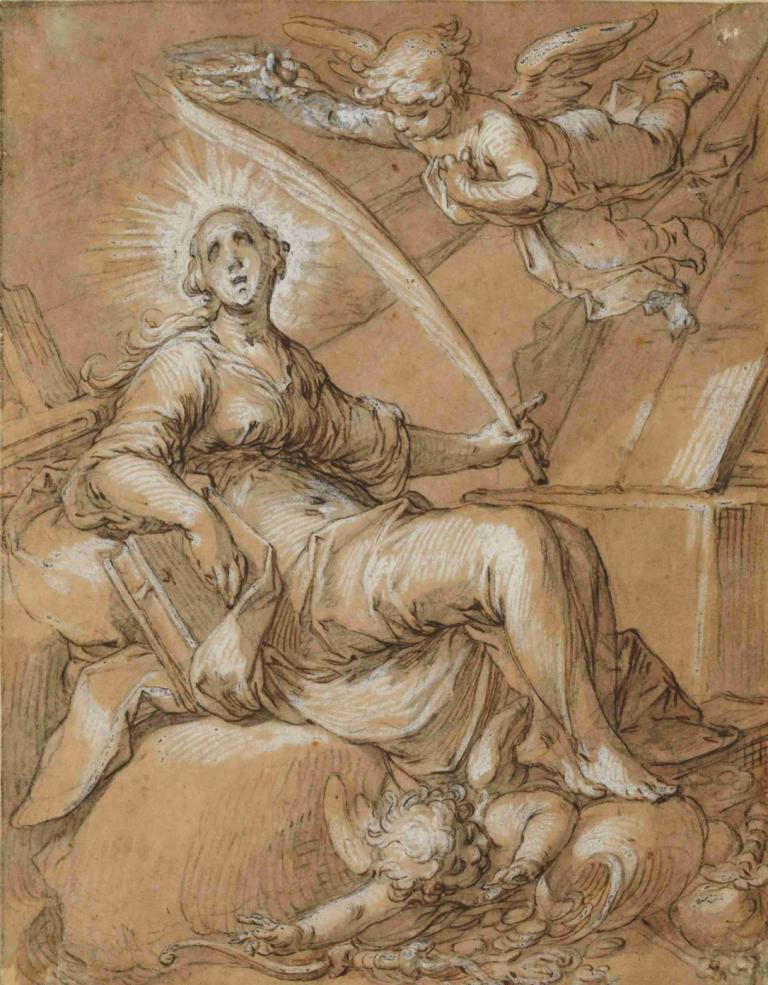 Sainte Catherine,Abraham Bloemaert,Color Sketch,Color Sketch, wings, weapon, sword, angel, monochrome