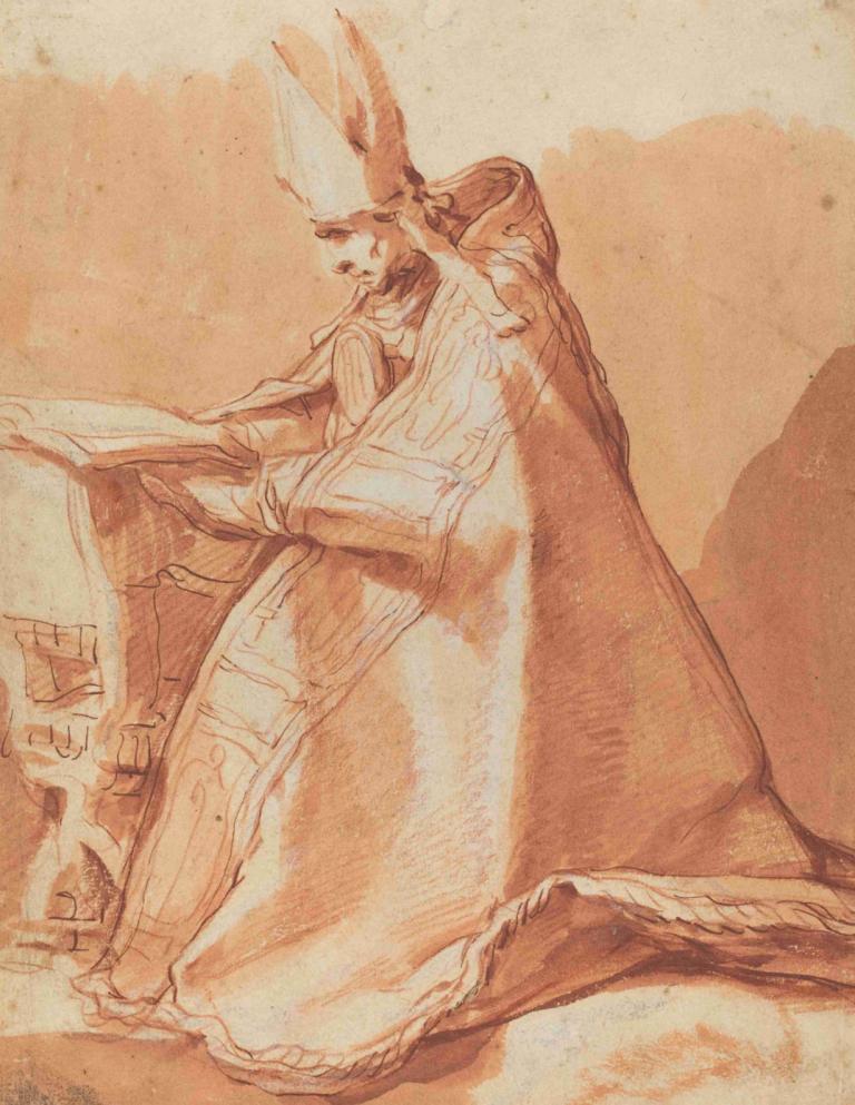 Seated Bishop,Abraham Bloemaert,Color Sketch,Color Sketch, solo, hat, 1boy, monochrome, male focus, sepia