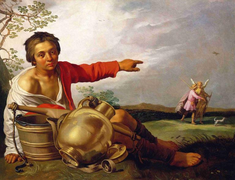 Shepherd Boy Pointing at Tobias and the Angel,Herdepojke som pekar på Tobias och ängeln,Abraham Bloemaert