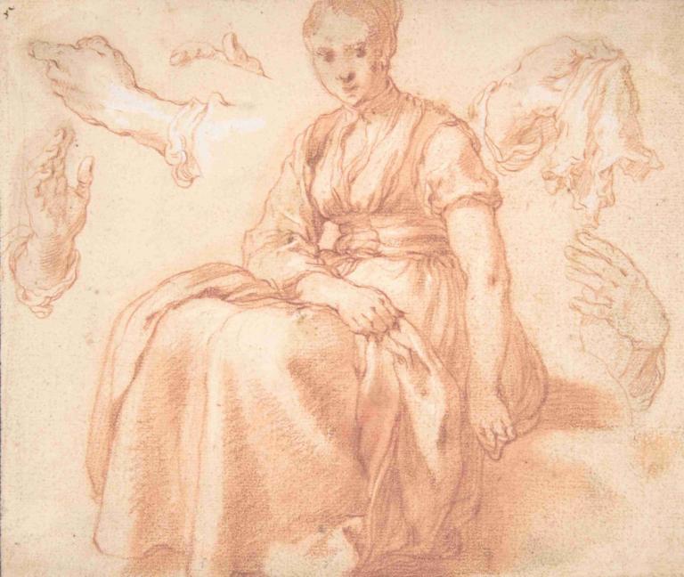 Study of a Seated Woman and Five Studies of Hands,Studie av en sittande kvinna och fem studier av händer