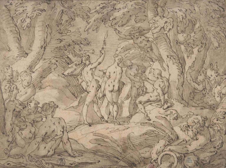 The Judgment of Paris,Domen i Paris,Abraham Bloemaert,Kopparplåt Etsning,Kopparplåt Etsning, träd, svartvit