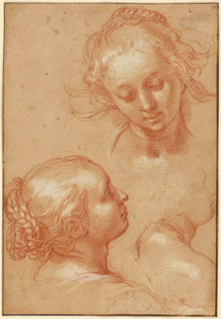 Three Studies of Women,Tre studier av kvinnor,Abraham Bloemaert,Färgskiss,Färgskiss, 1 tjej, svartvit, fläta