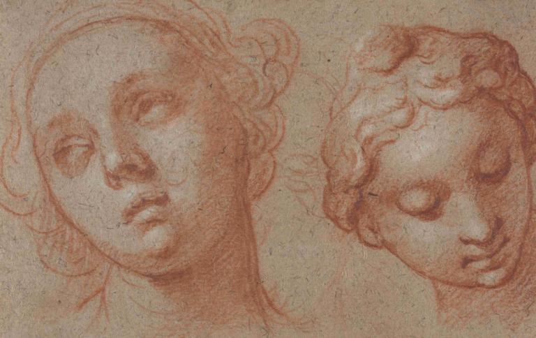 Two Female Heads,Två kvinnliga huvuden,Abraham Bloemaert,Skiss,Skiss, svartvit, traditionella medier, solo