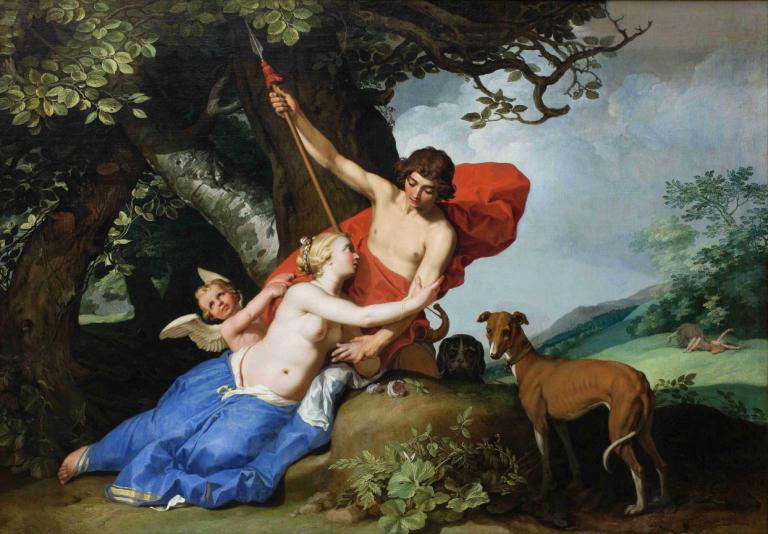 Venus and Adonis,Venus och Adonis,Abraham Bloemaert,Oljemålning,Oljemålning, konstparodi, parodi, bröst, träd