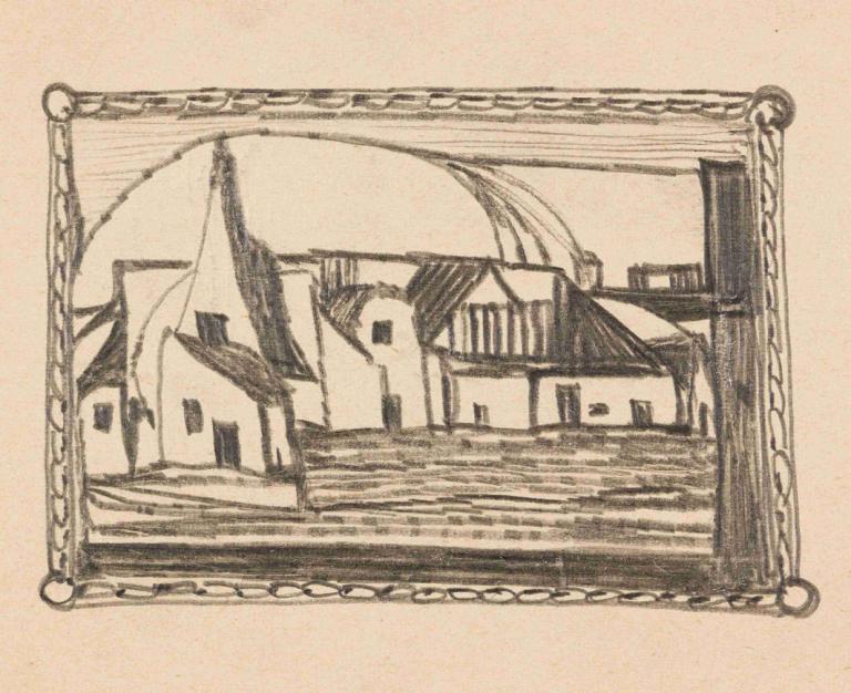 Dorfansicht,Adolf Hölzel,Sketch,Sketch, no humans, monochrome, house, boat, traditional media, watercraft