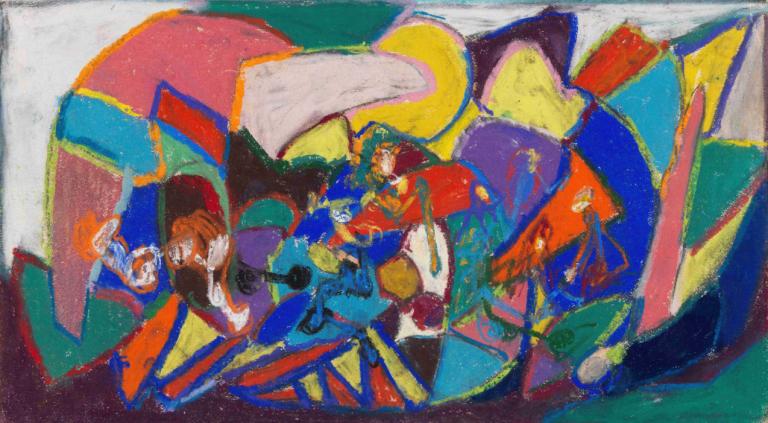 Figurenkomposition,Adolf Hölzel,Oil Painting,Oil Painting, abstract, 1girl, multiple girls, colorful