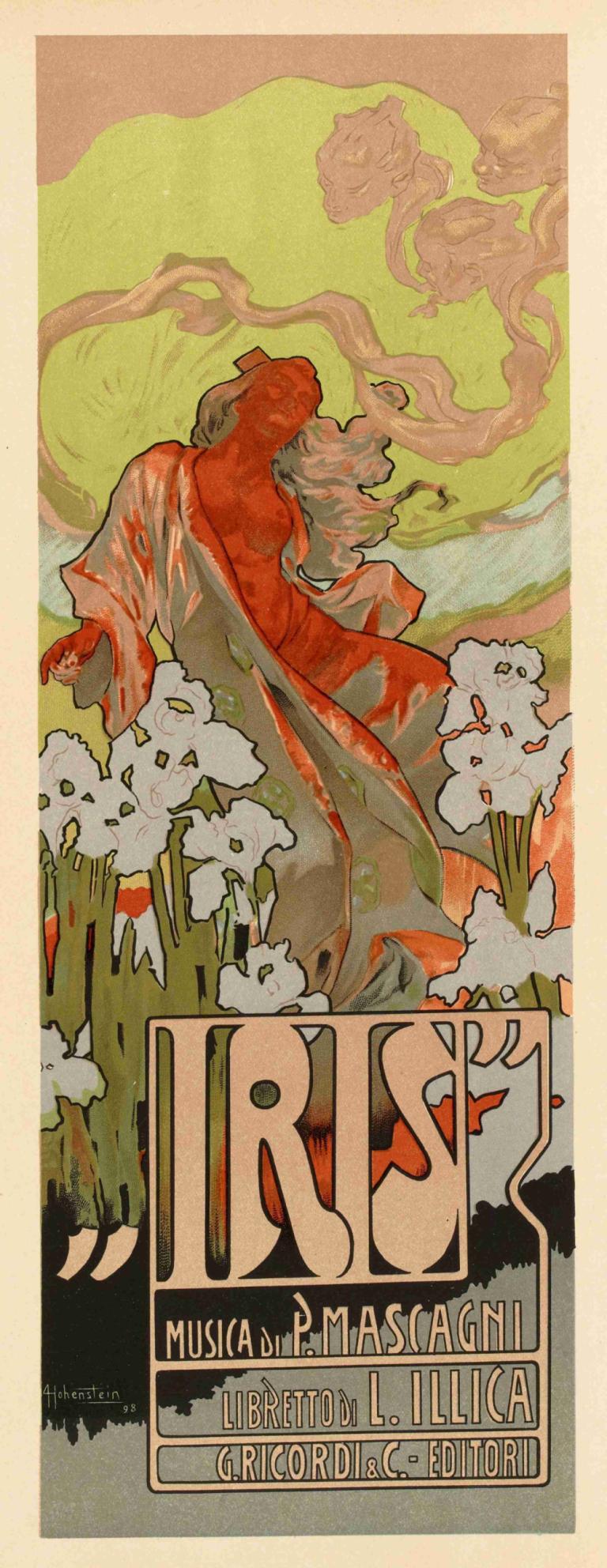 Iris,Adolfo Hohenstein,Illustrasjon,Illustrasjon, blomst, hvit blomst, engelsk tekst, grense, solo, fugl