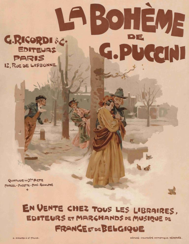 La bohème,Adolfo Hohenstein,Ilustrasi,Ilustrasi, banyak anak laki-laki, teks bahasa Inggris, topi, pohon