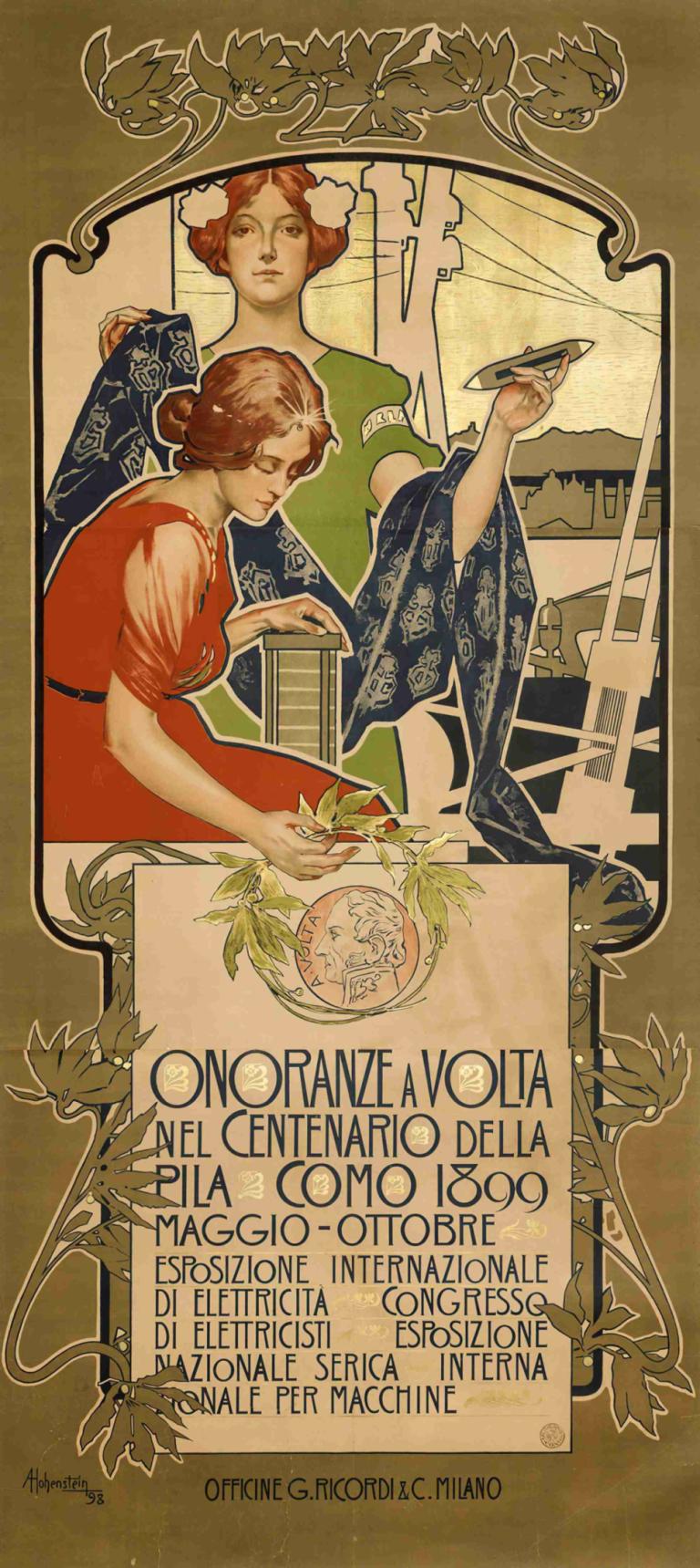 Onoranze A Volta Nel Centenario Della Pila Como 1899,Adolfo Hohenstein,Illustrazione,Illustrazione, 2 ragazze