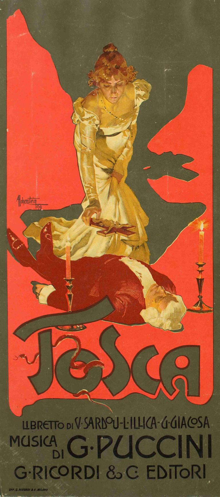 Tosca,Adolfo Hohenstein,Illustrazione,Illustrazione, candela, testo inglese, presa, veste, maniche lunghe